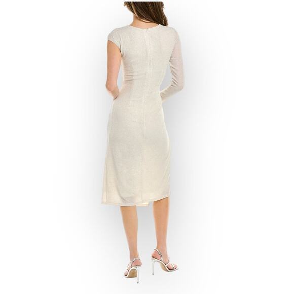 Maggy London Sheath Midi Dress Women's 12 Ivory Glitter Asymmetric Neck Slit - Picture 2 of 8